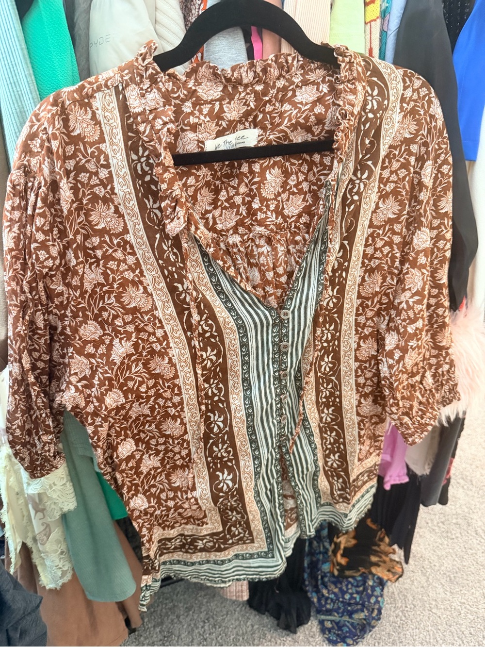 We The Free Brown and Cream Floral Boho Button-Up Blouse